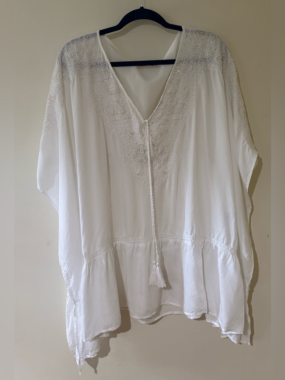 AMITA NAITHANI resortwear WHITE sheer KAFTAN coverup BEADED beach swim MEDIUM
